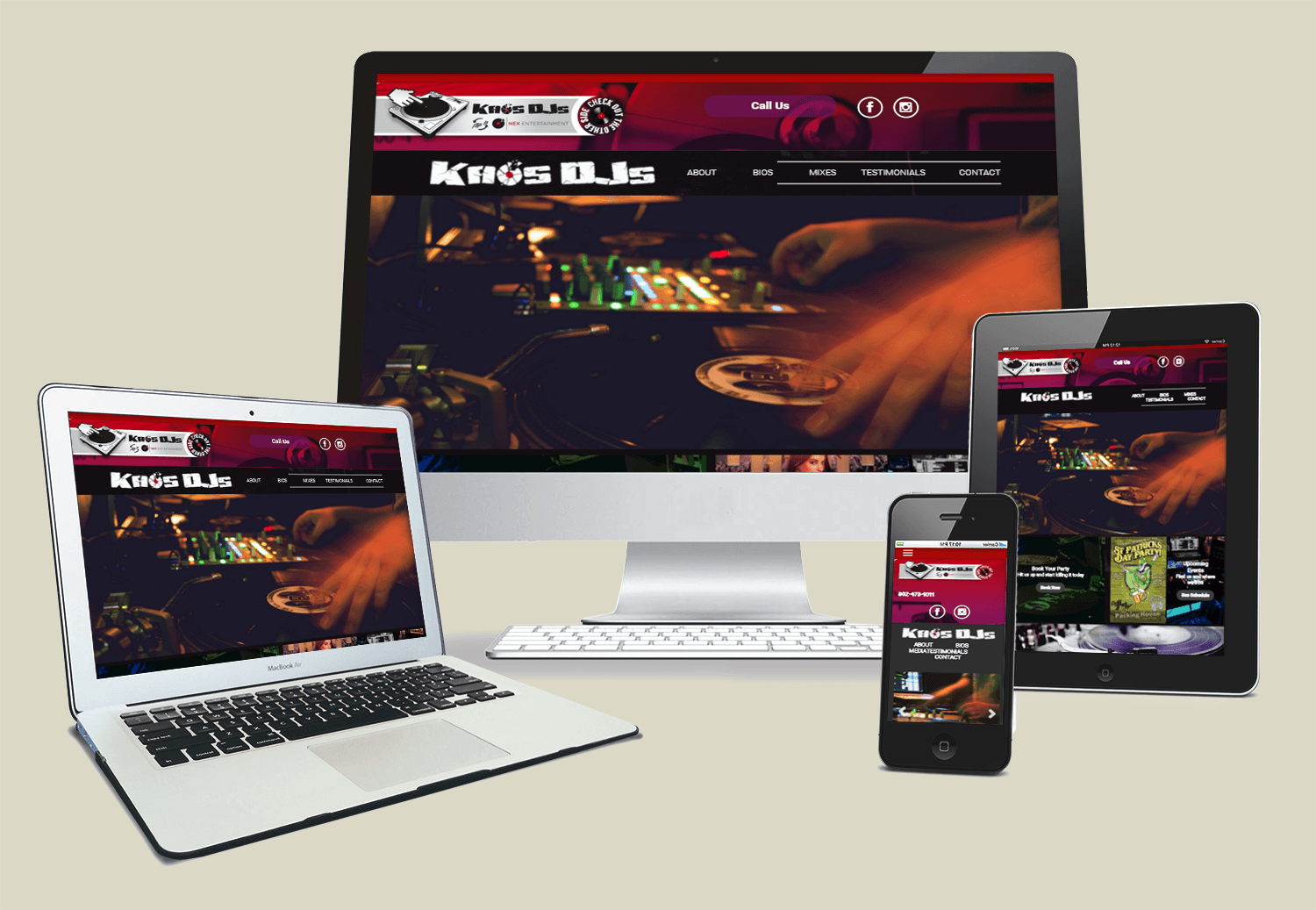 Website displayed on laptop, desktop computer, tablet, and smartphone screens.