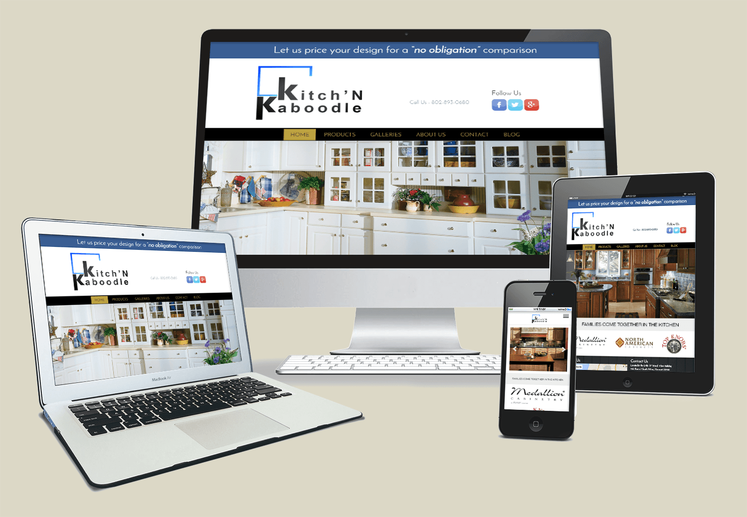 Website displayed on a laptop, desktop, tablet, and smartphone. Website header