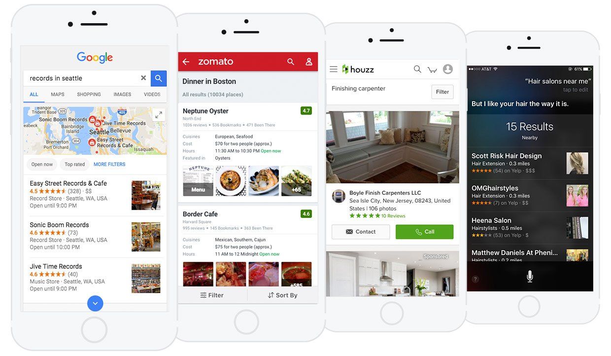 Four smartphones displaying search results for locations, including maps, reviews, and images.