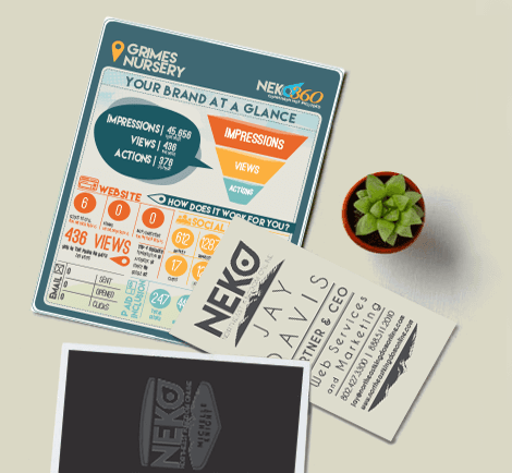 Marketing materials: report for Grimes Nursery, business card for Neko, succulent in pot.