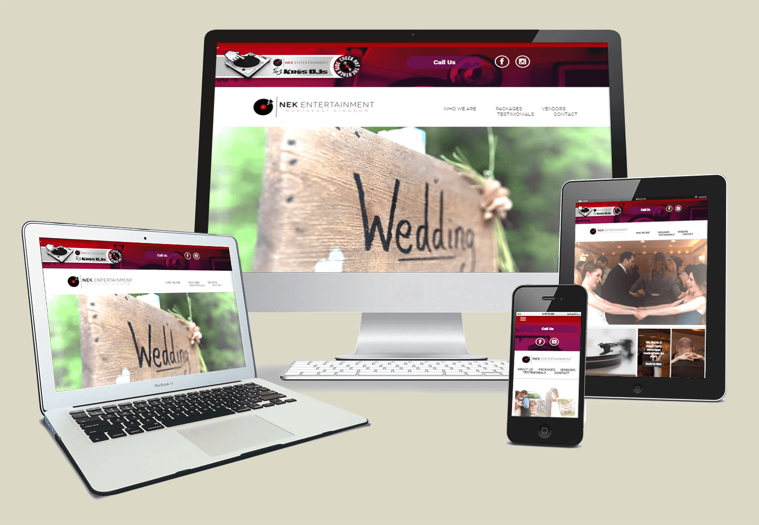 Website displayed on a laptop, desktop, tablet, and phone; wedding photography theme, maroon header.