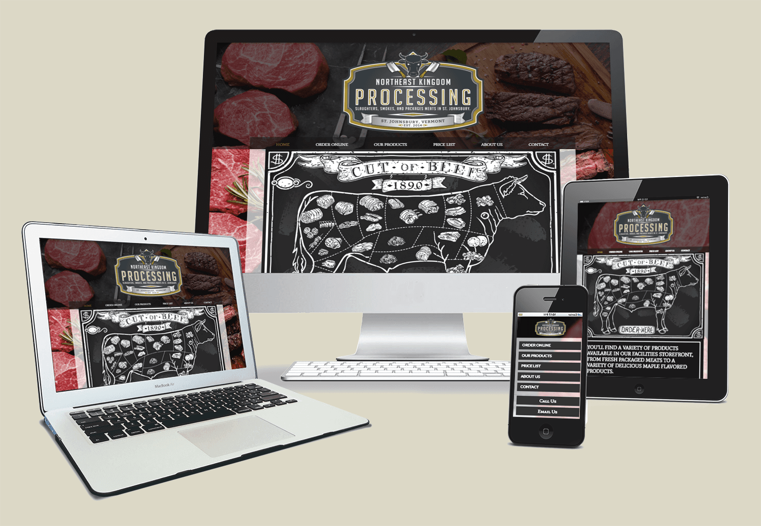 Website displaying on laptop, desktop, tablet, and phone; showcasing meat products, brand logo, and cow illustration.