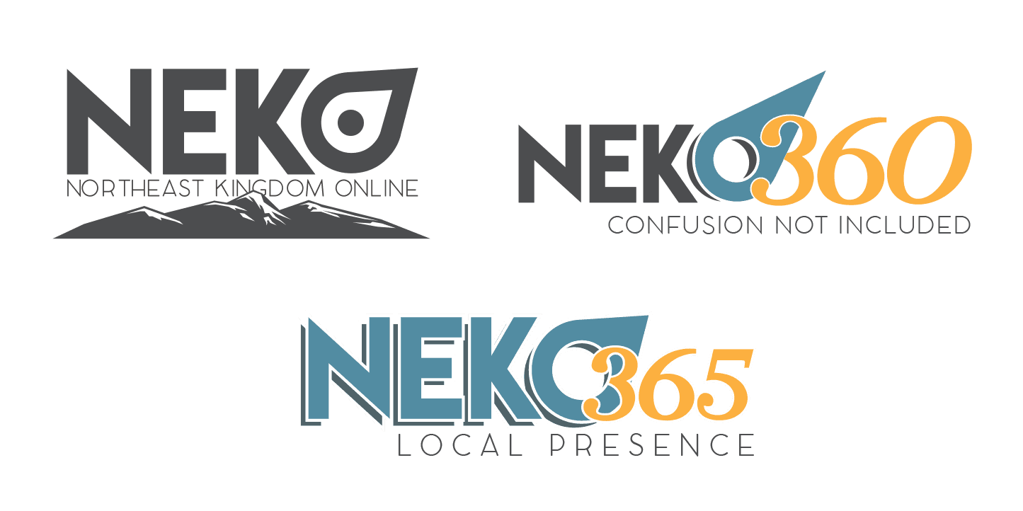 Logos for Neko, Neko 360, and Neko 365, using the word “NEKO” with different designs and taglines.