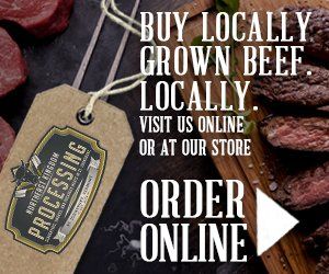 Advertisement for locally grown beef: tag on meat, text 