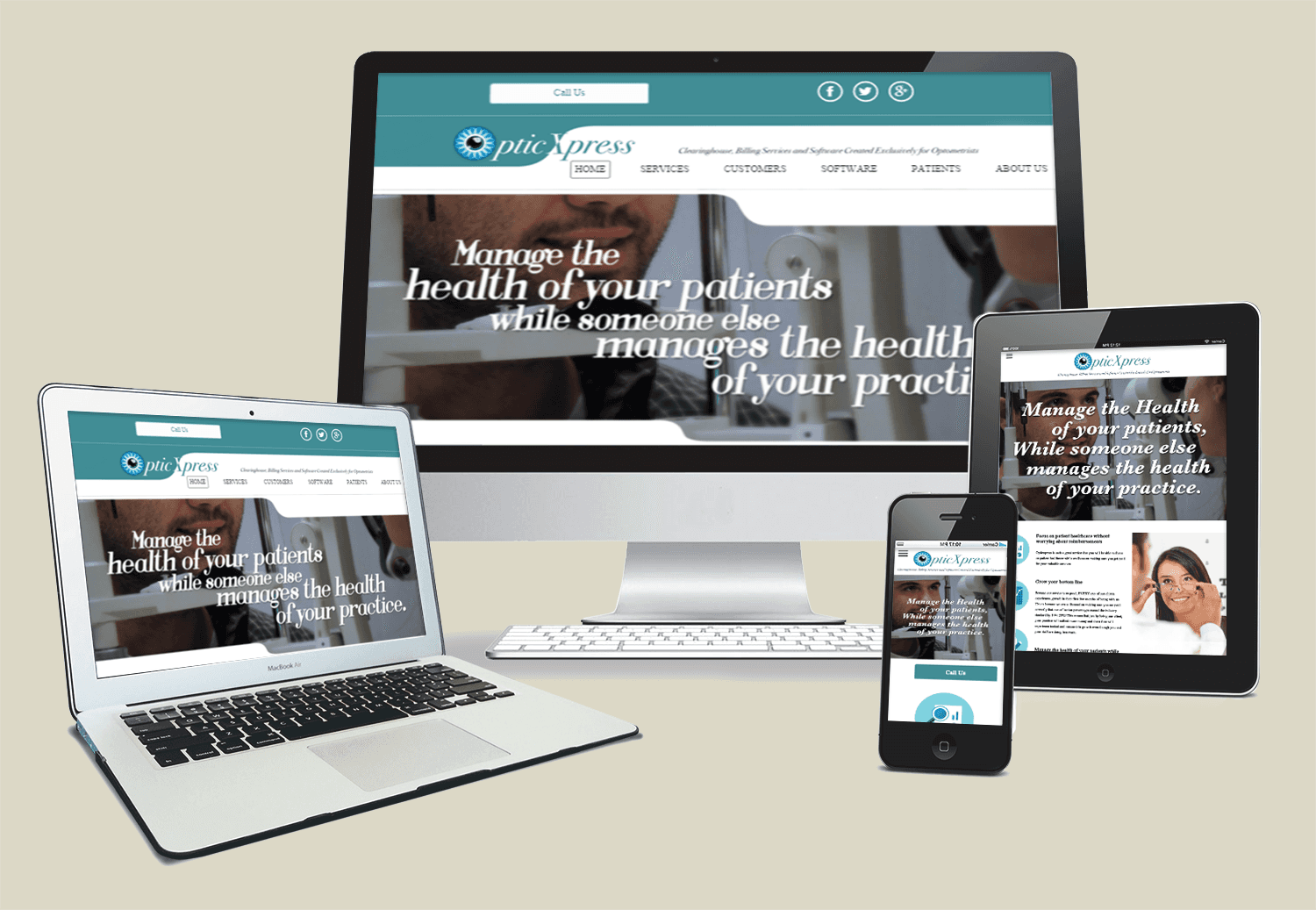 Website design displayed on a laptop, computer, tablet, and phone; teal and white colors.