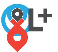 Blue circle, red and gray map pins forming an 