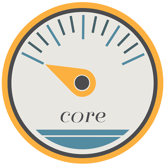 Gauge icon with orange needle, blue markings, and the word 