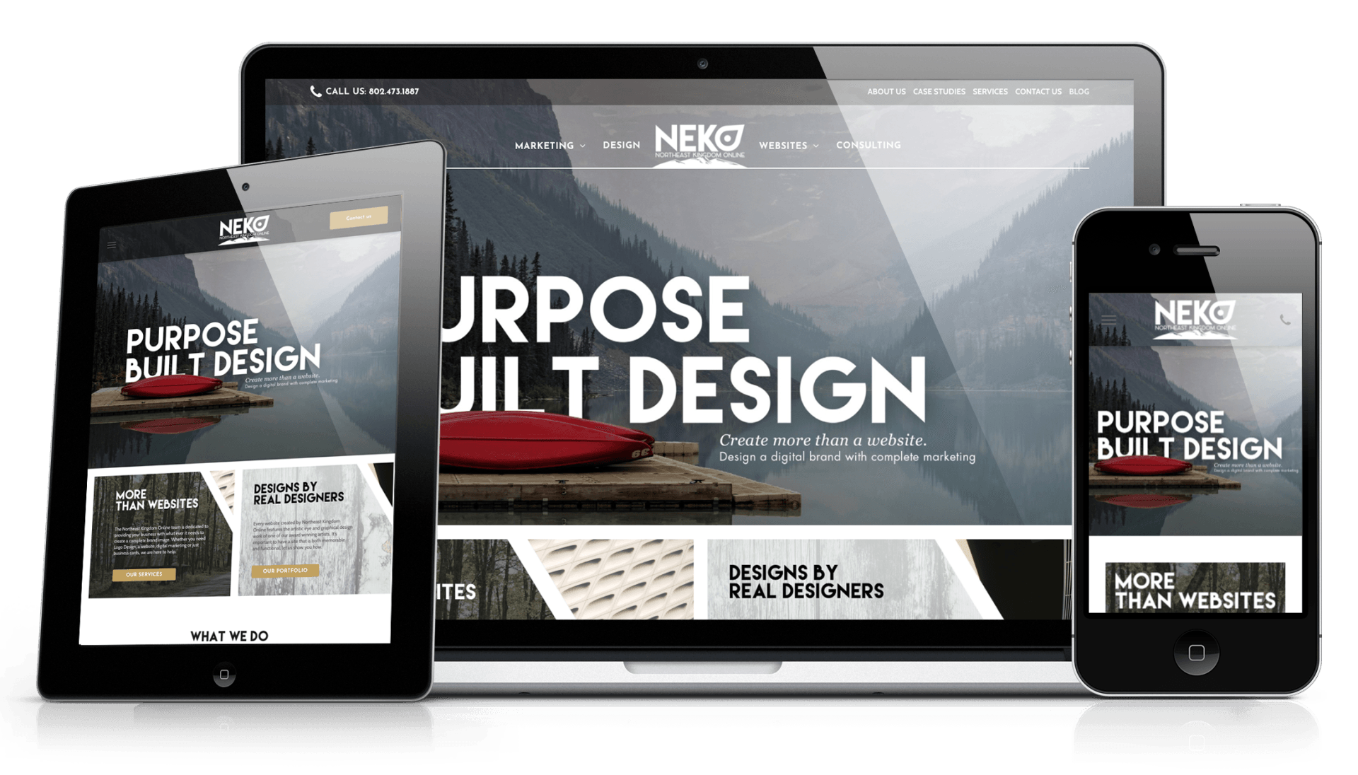 Responsive website design on tablet, laptop, and smartphone displays. 