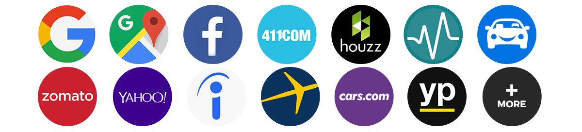 Logos for Google, Facebook, travel and review apps.
