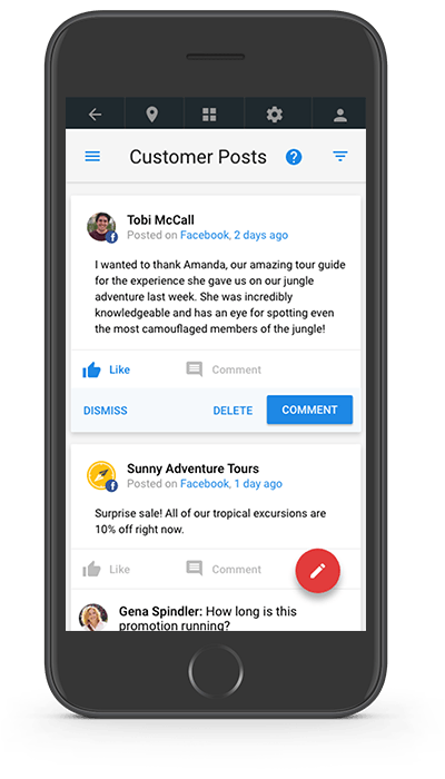 Mobile phone displaying customer posts, including text, likes, and comment options.