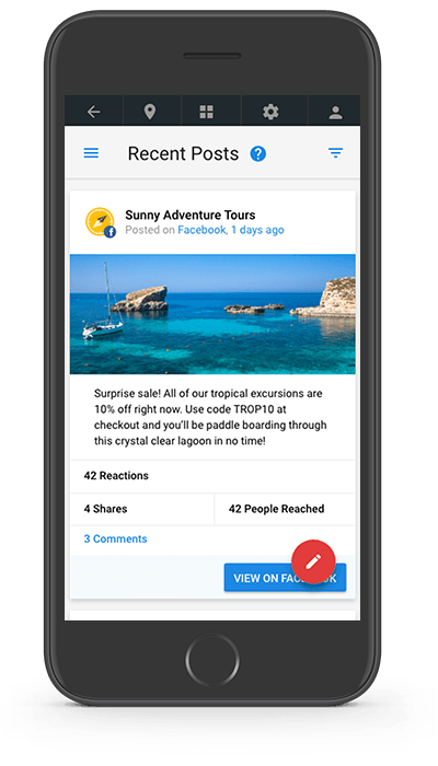 Smartphone displaying a social media post for Sunway Adventure Tours featuring a photo of boats in a lagoon.