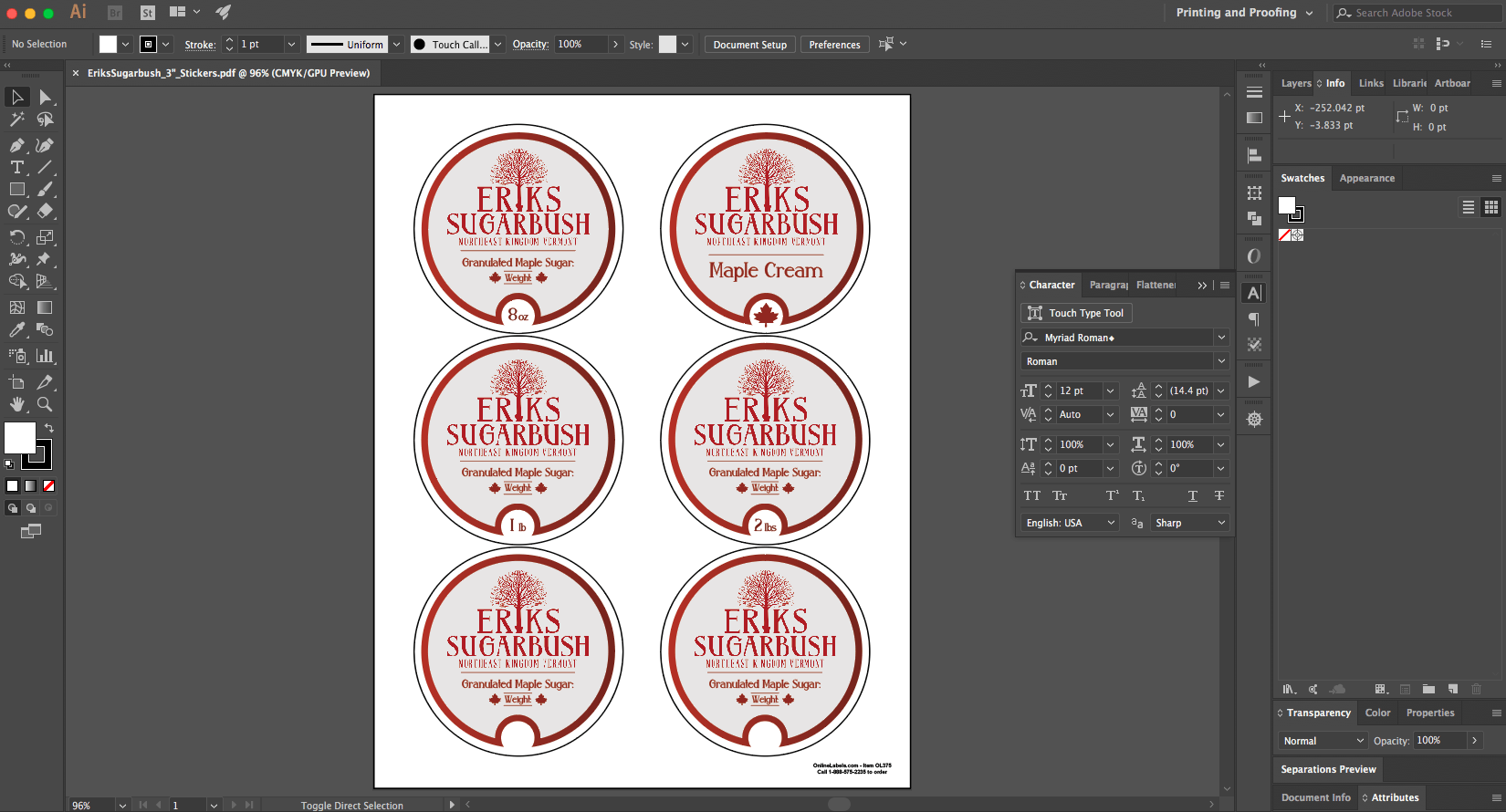 Six identical food labels with red and white text on a white background, in Adobe Illustrator.