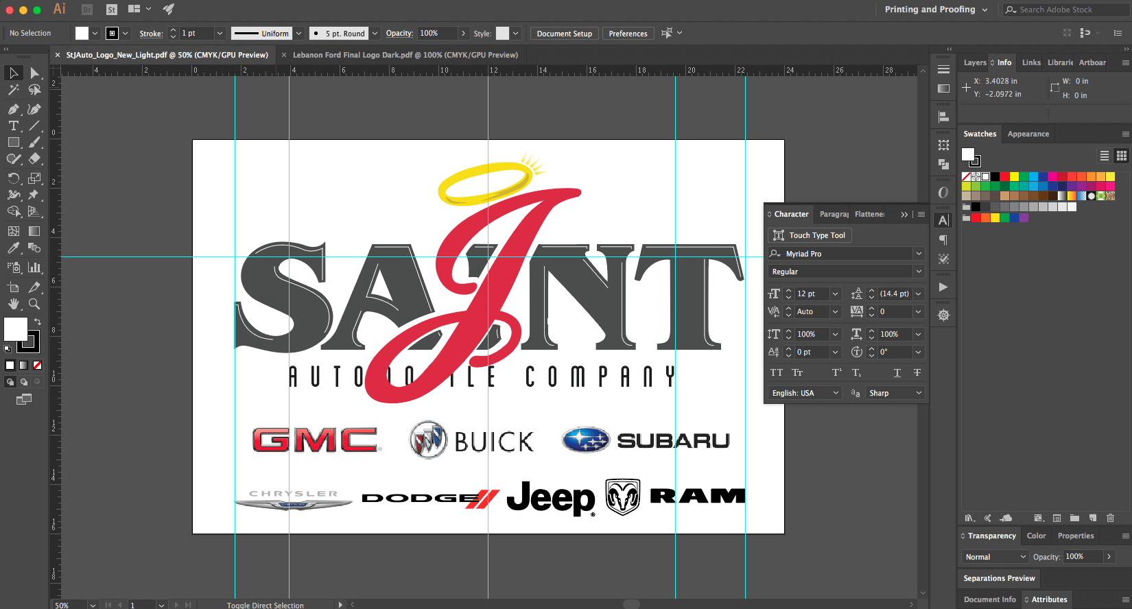 Logo design for Saint Automotive Company with vehicle brands: GMC, Buick, Subaru, Dodge, Jeep, and Ram.