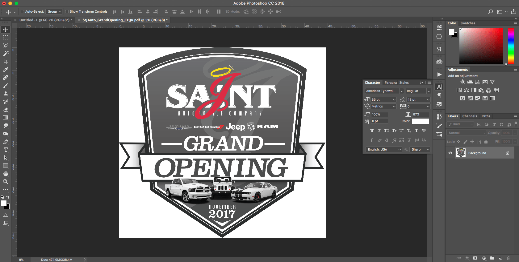 Saint J Jeep Grand Opening logo with cars on a black and white shield-shaped graphic.