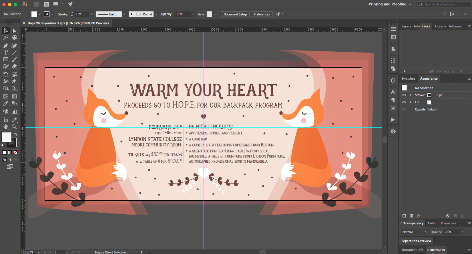 Illustration of a card with two orange foxes, text that reads “Warm your heart”, and floral elements.