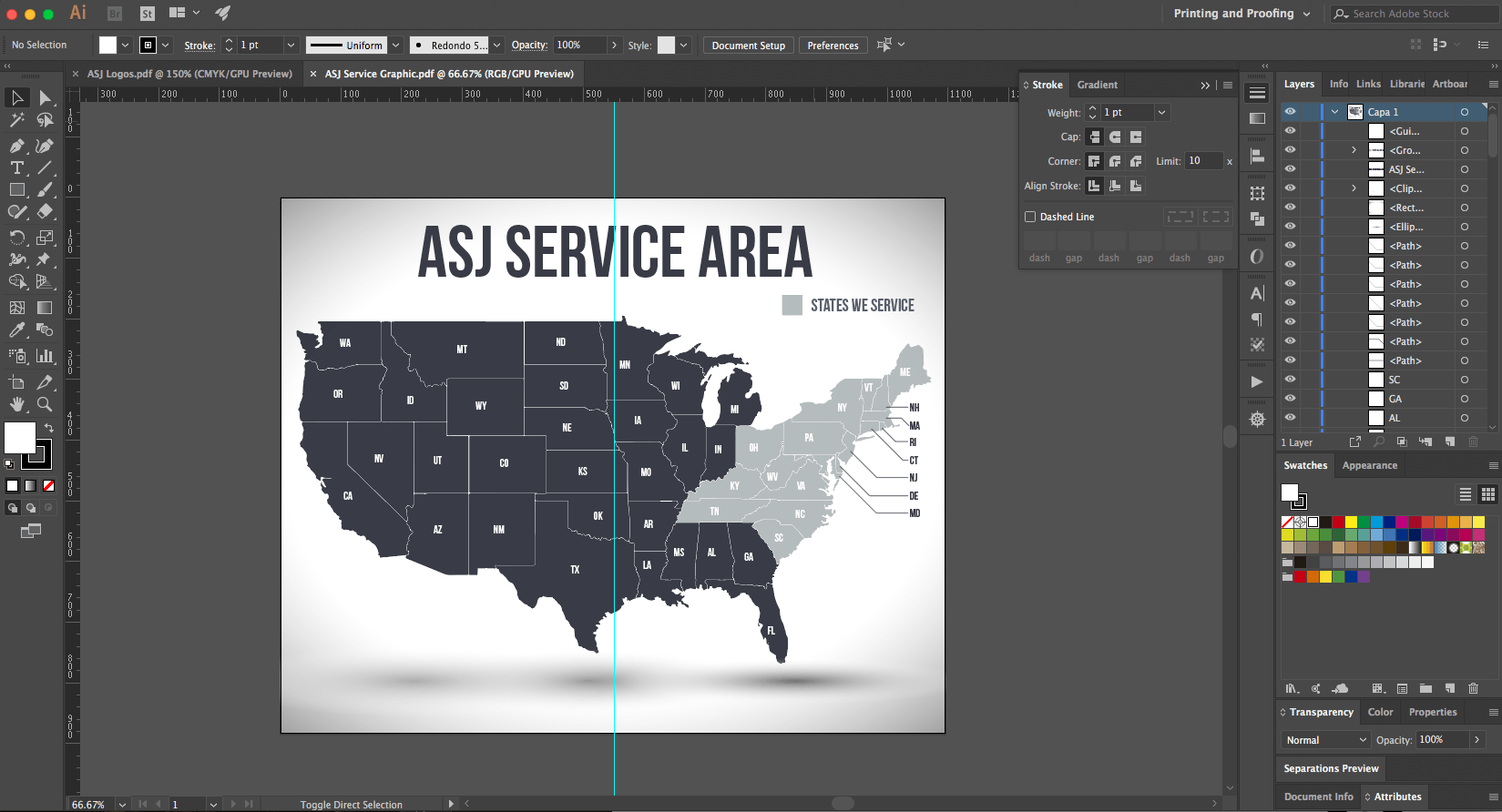 Map of the United States with ASJ service area highlighted in dark and light grey.
