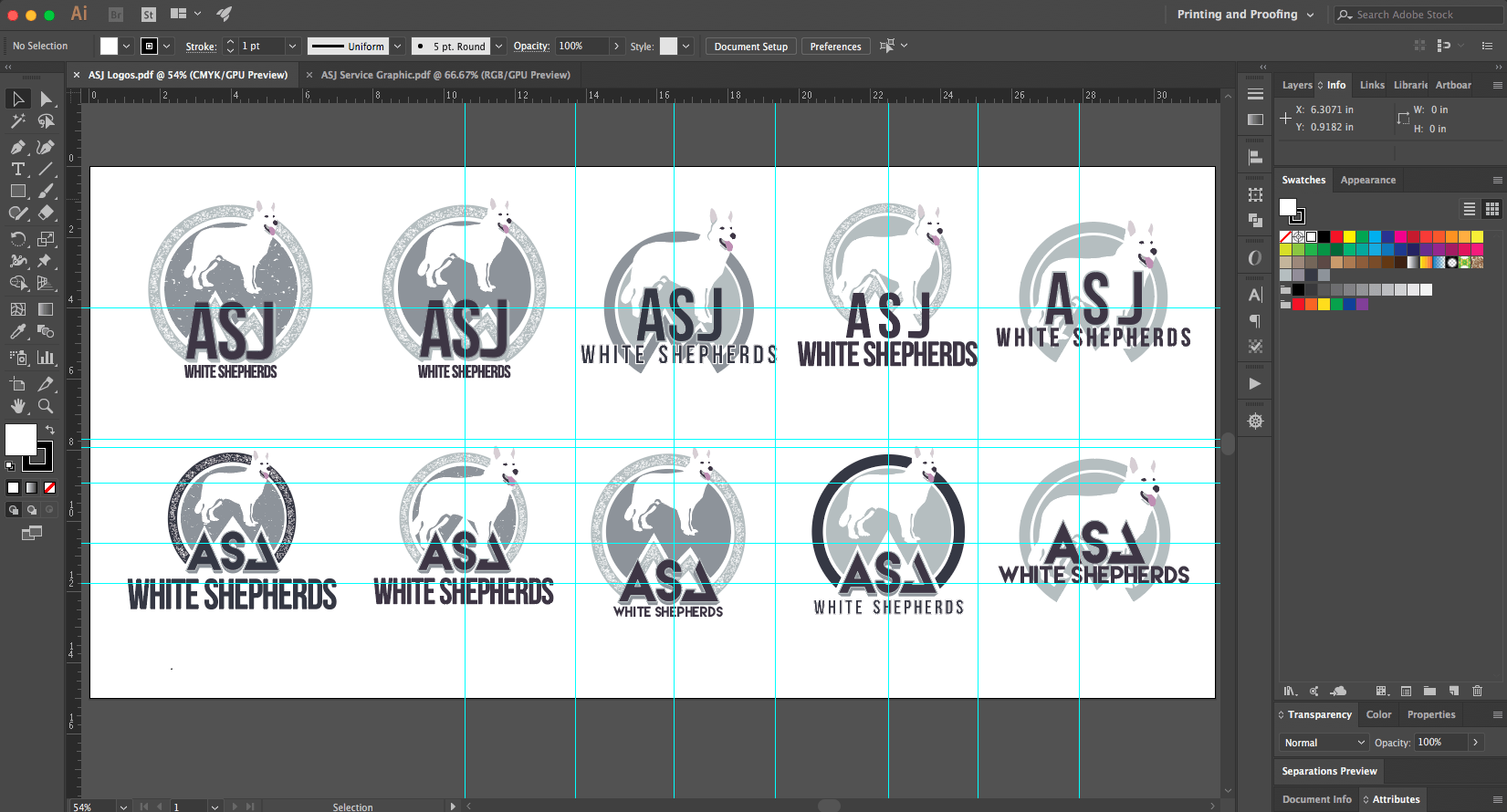 Several logo variations featuring a white shepherd dog silhouette within a circle with 
