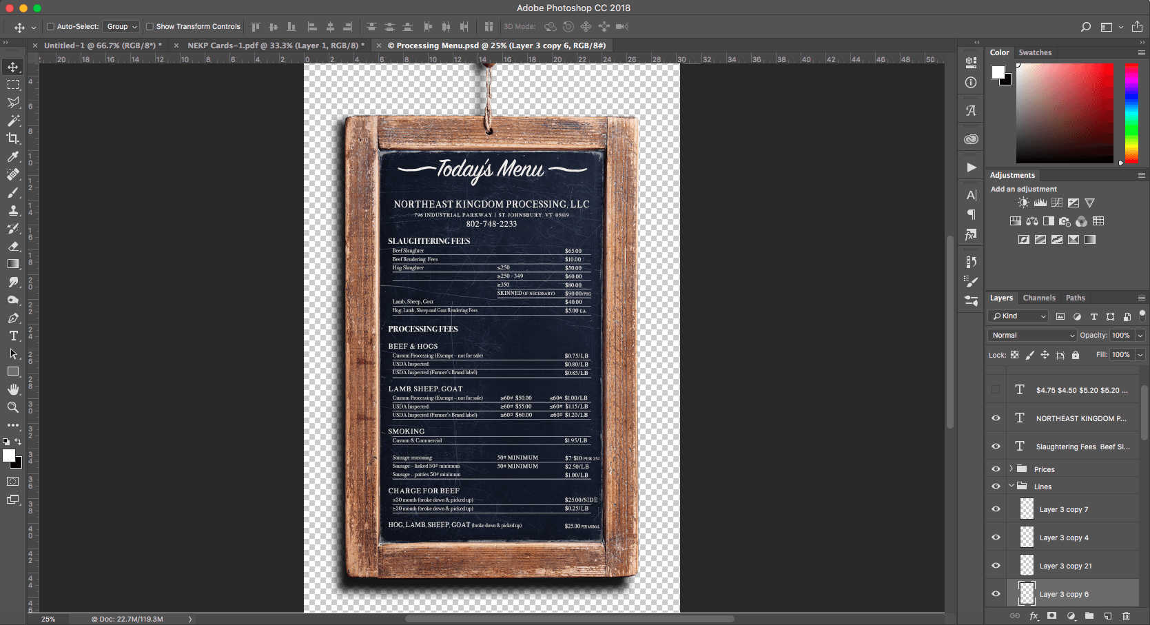 Chalkboard menu with wooden frame, hanging against a white background; dark text and prices.