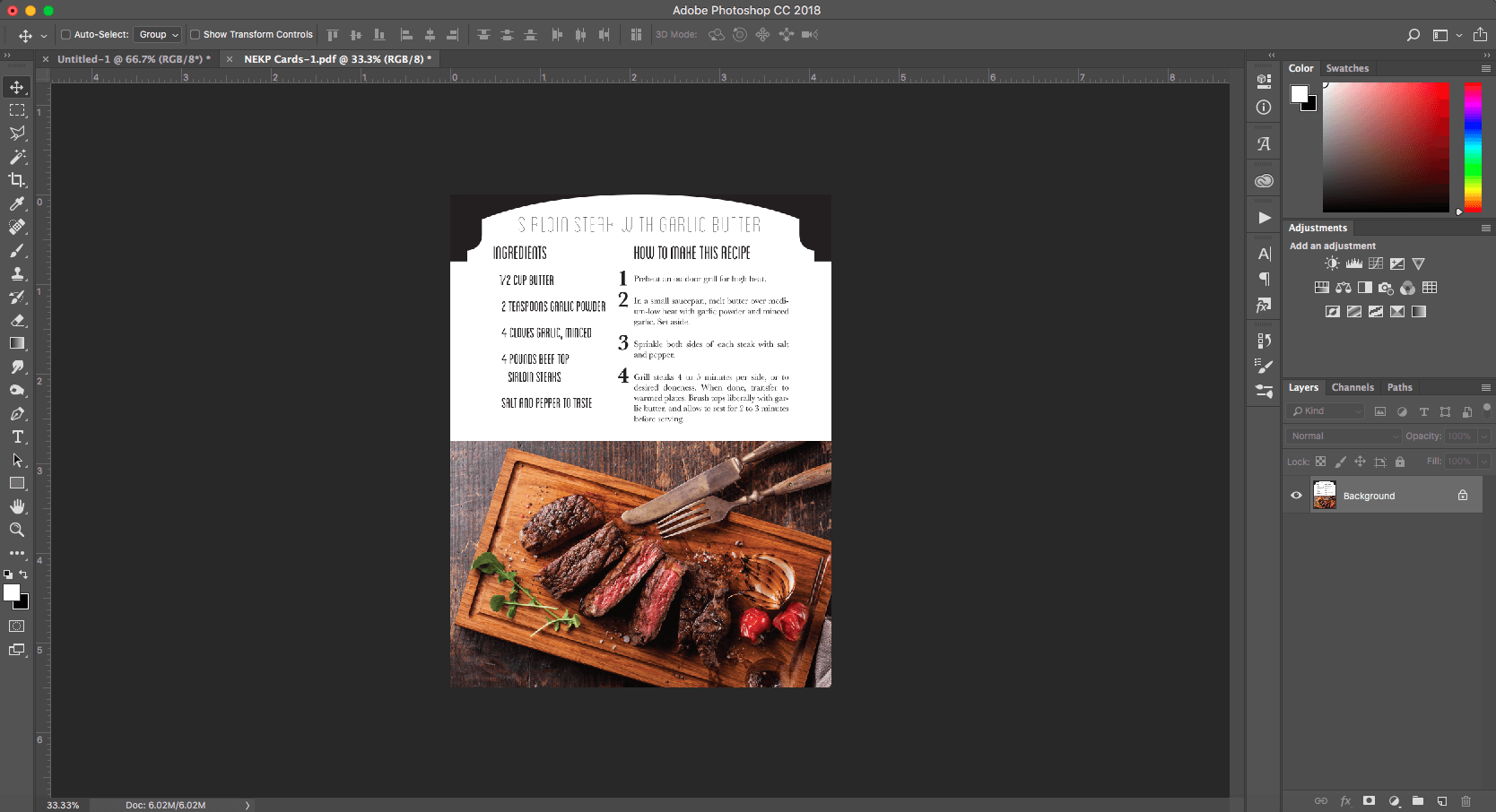 Recipe card with sliced steak on a wooden board. White background with Korean text and illustration.