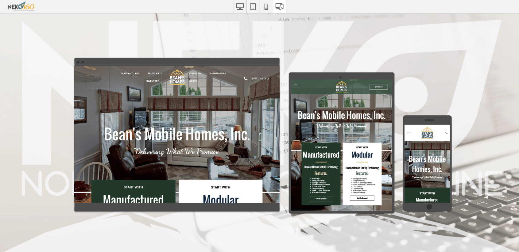 Website design of Bean's Mobile Homes, Inc. displayed on a laptop, tablet, and smartphone. Green and white color scheme.