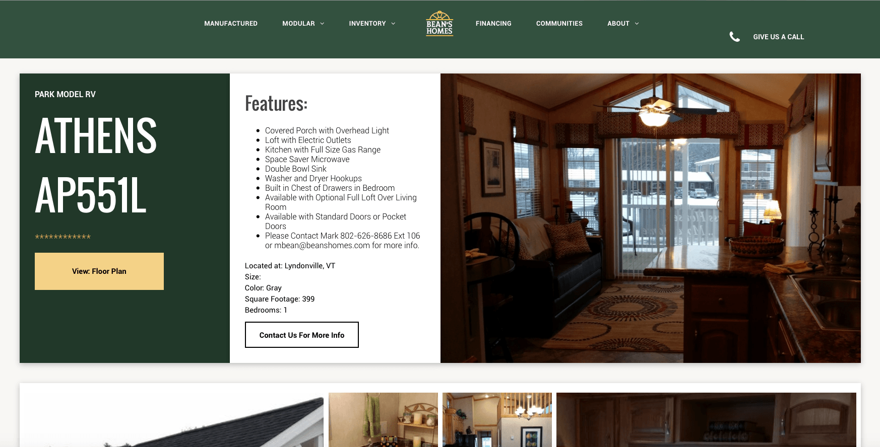 Website displaying an Athens AP551L manufactured home with features and interior photo.