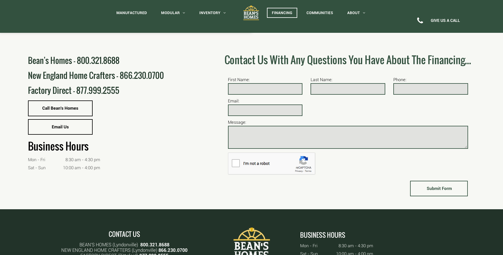 Website contact form for Bean’s Home with contact information and a form to submit.