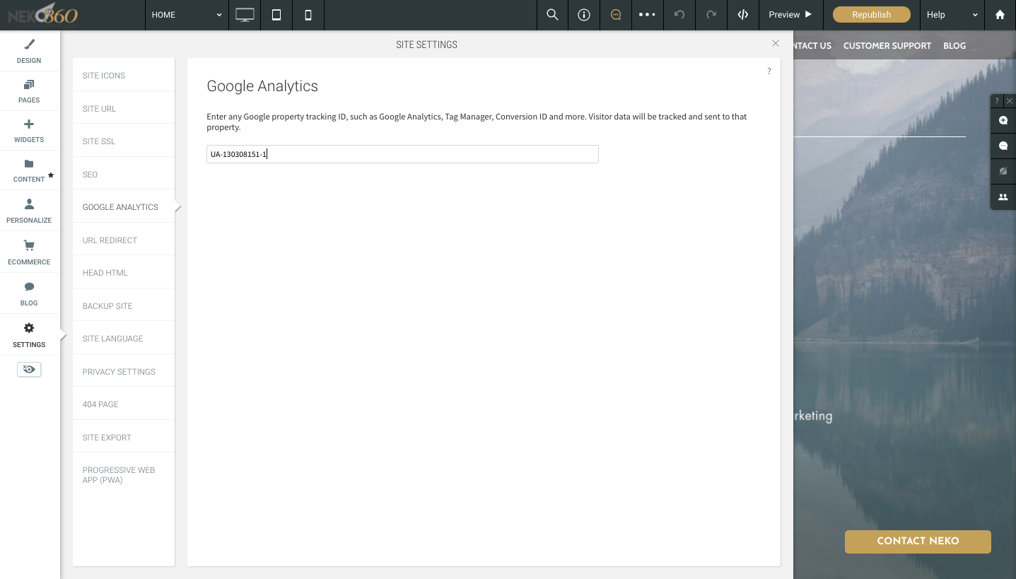 Google Analytics section within the settings of a website