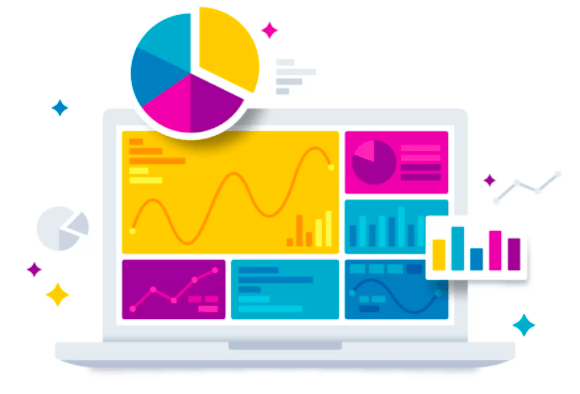 A cartoon laptop with charts and graphs on and around the screen