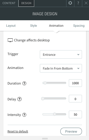 The animation editor box showing the entrance settings