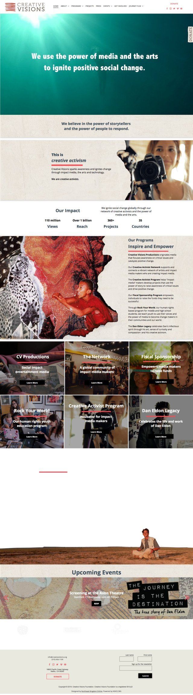 Website homepage, featuring food images, a map, and contact information.