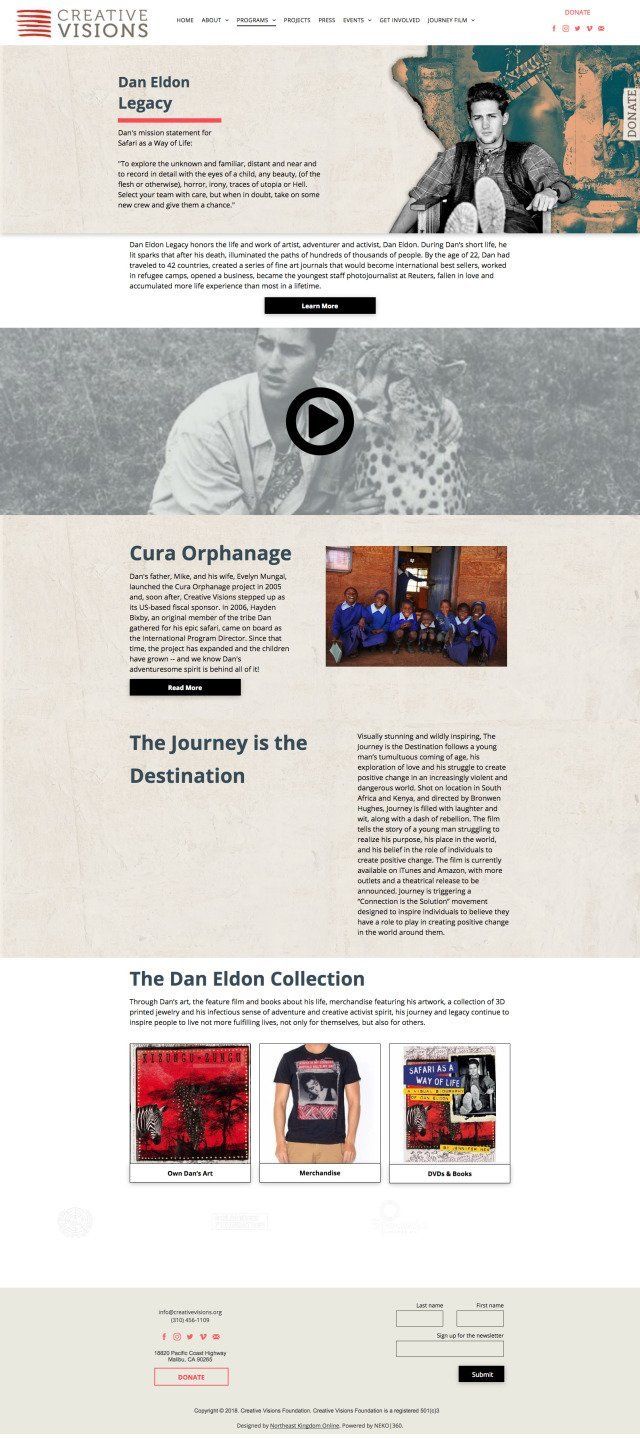 Website homepage promoting the Dan Deacon Collection, featuring a video player, photos, and merchandise.