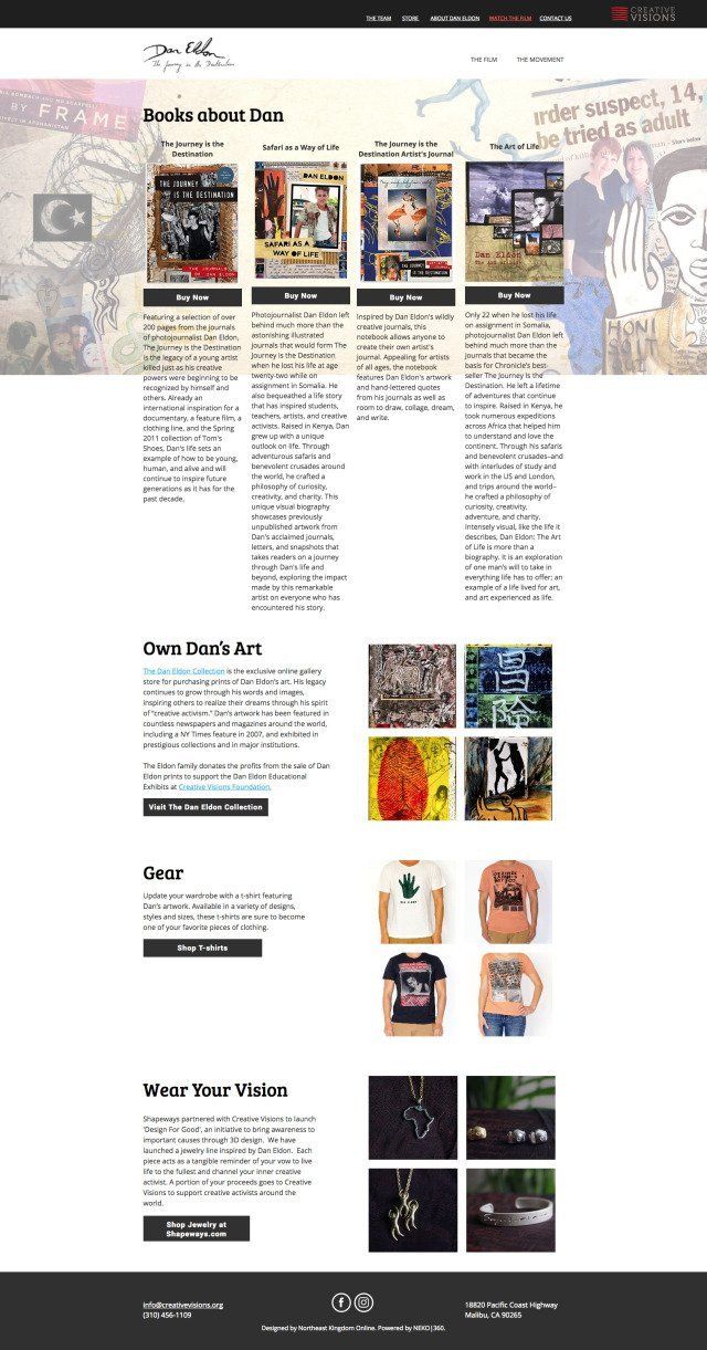 Website homepage showcasing images, text, and merchandise.