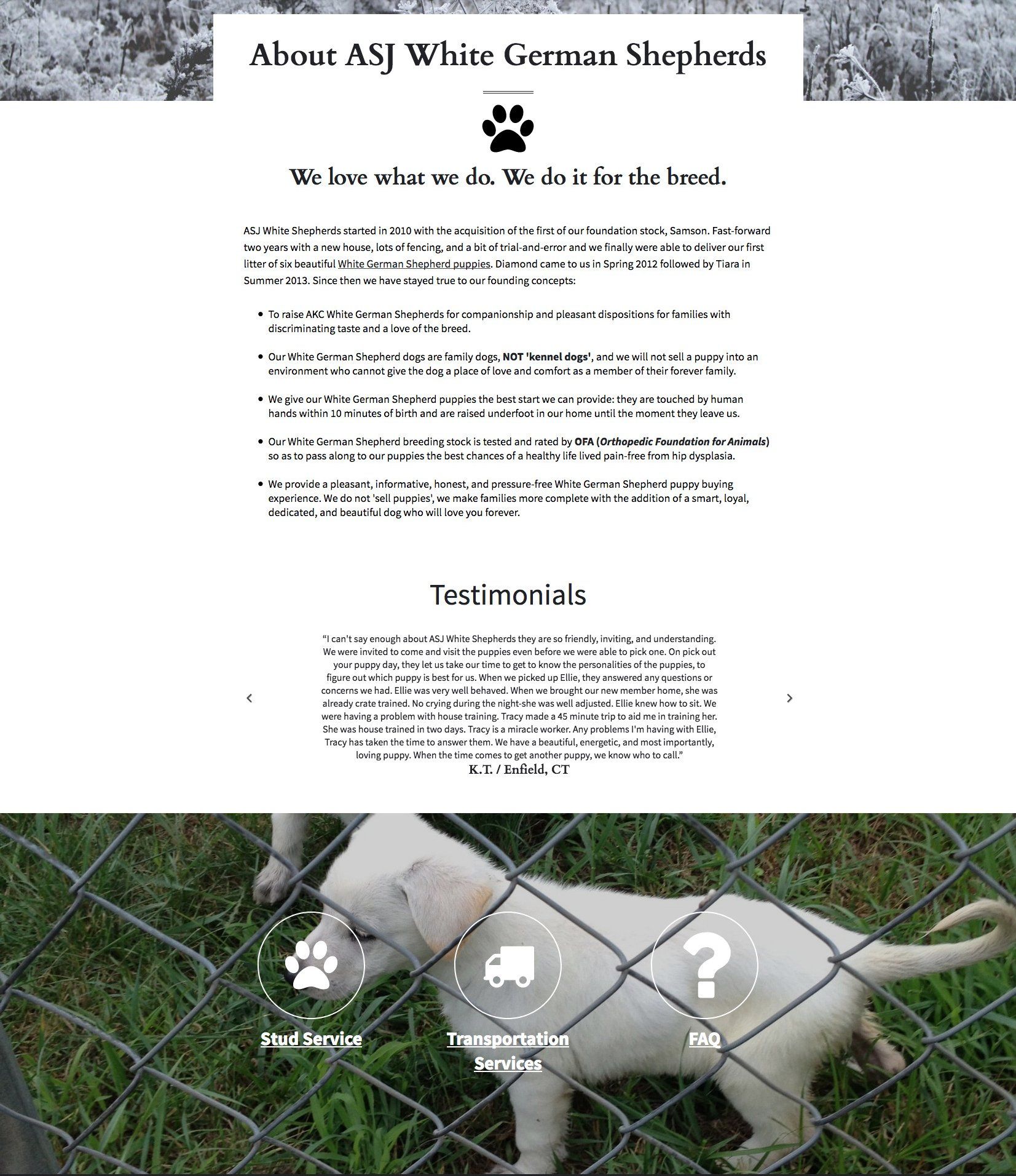 White German Shepherd puppy behind a wire fence, with website information on top.