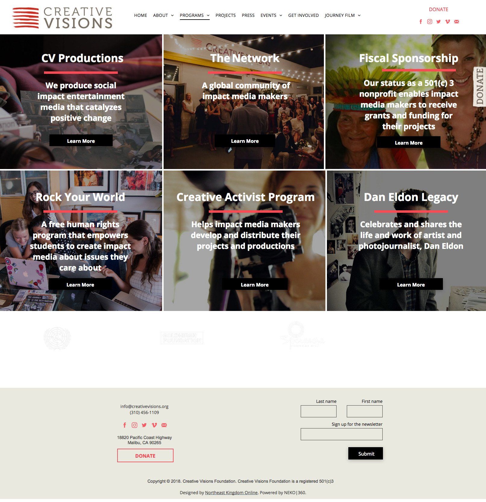 Creative Visions website with sections for CV Productions, The Network, and programs.