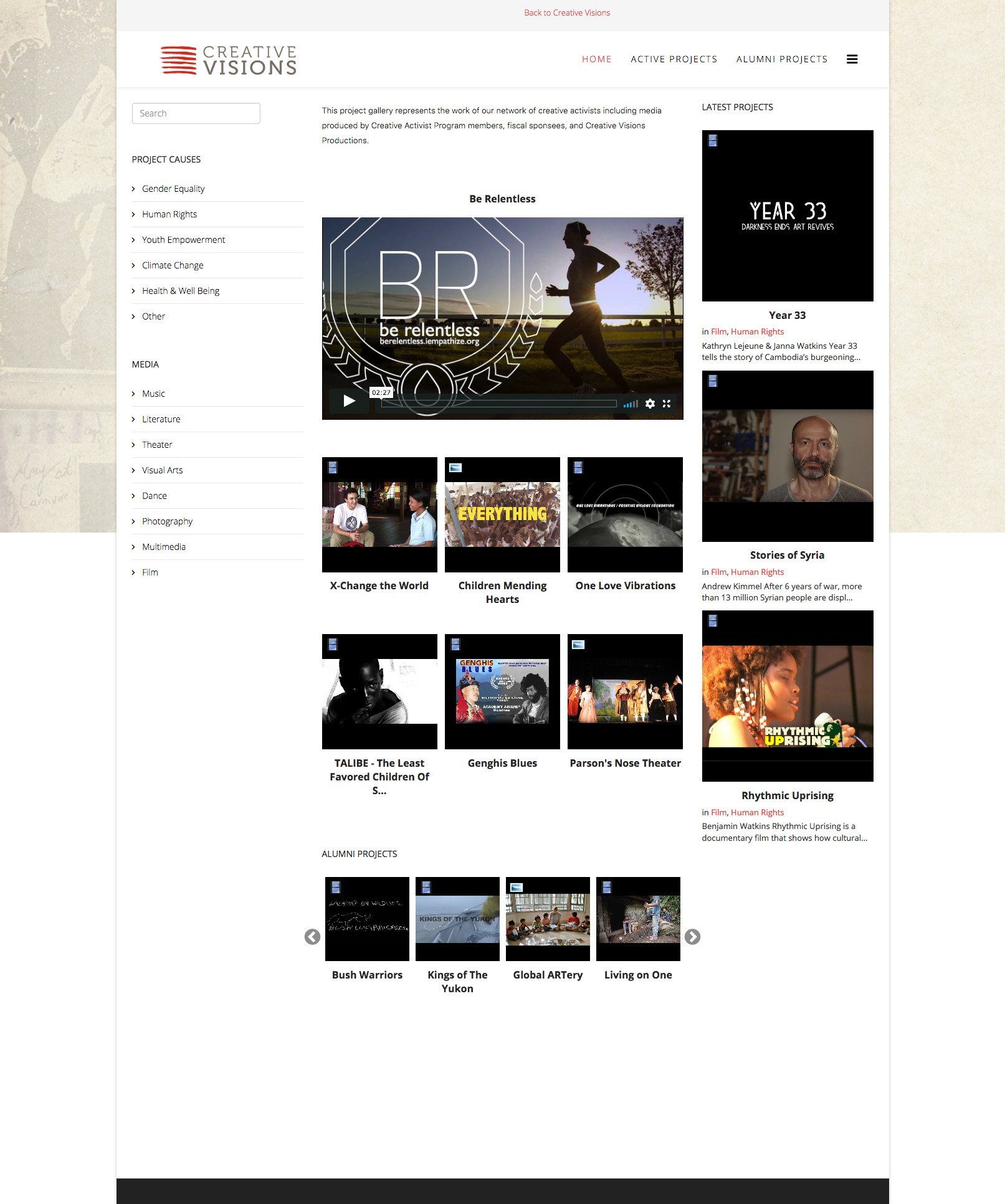 Website showcasing a variety of videos; a person running in front of a circular light display is the central video.
