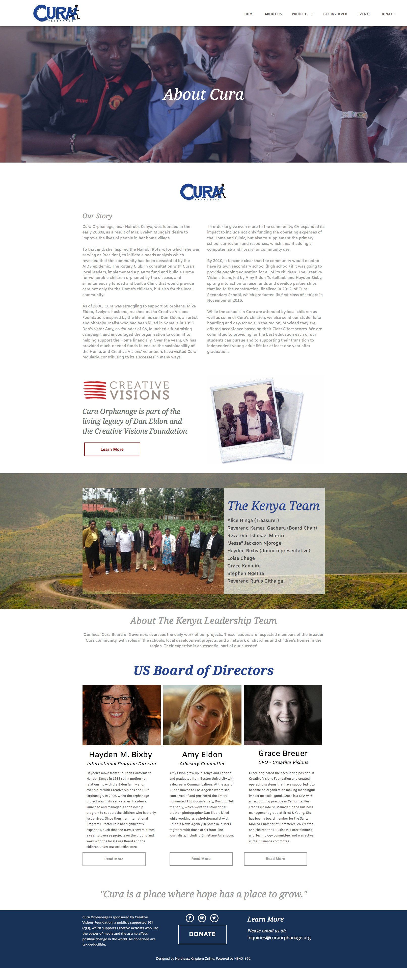 Website homepage with text, photos of people, and organization logo.