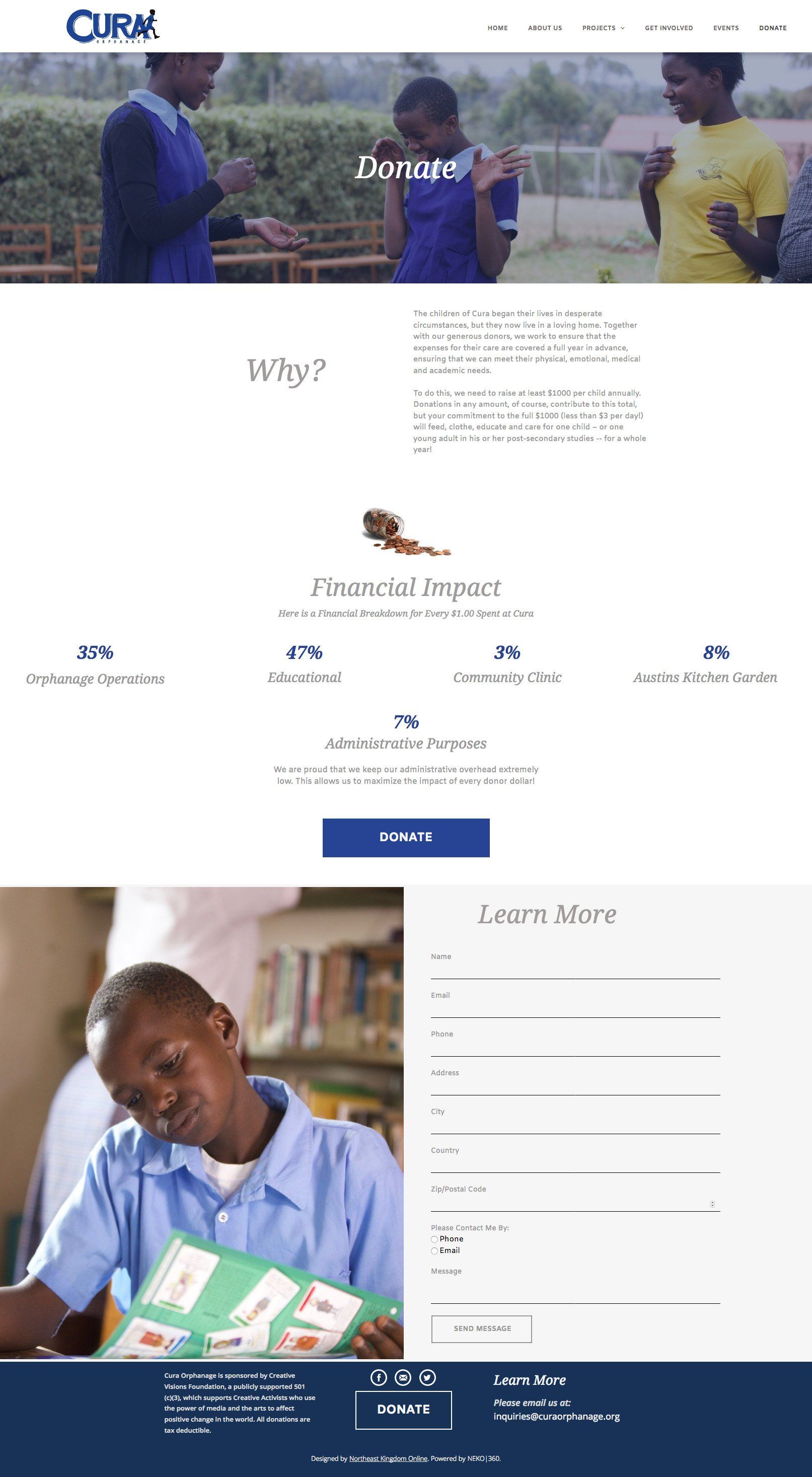 Website landing page showing girls, a boy, and donation form.