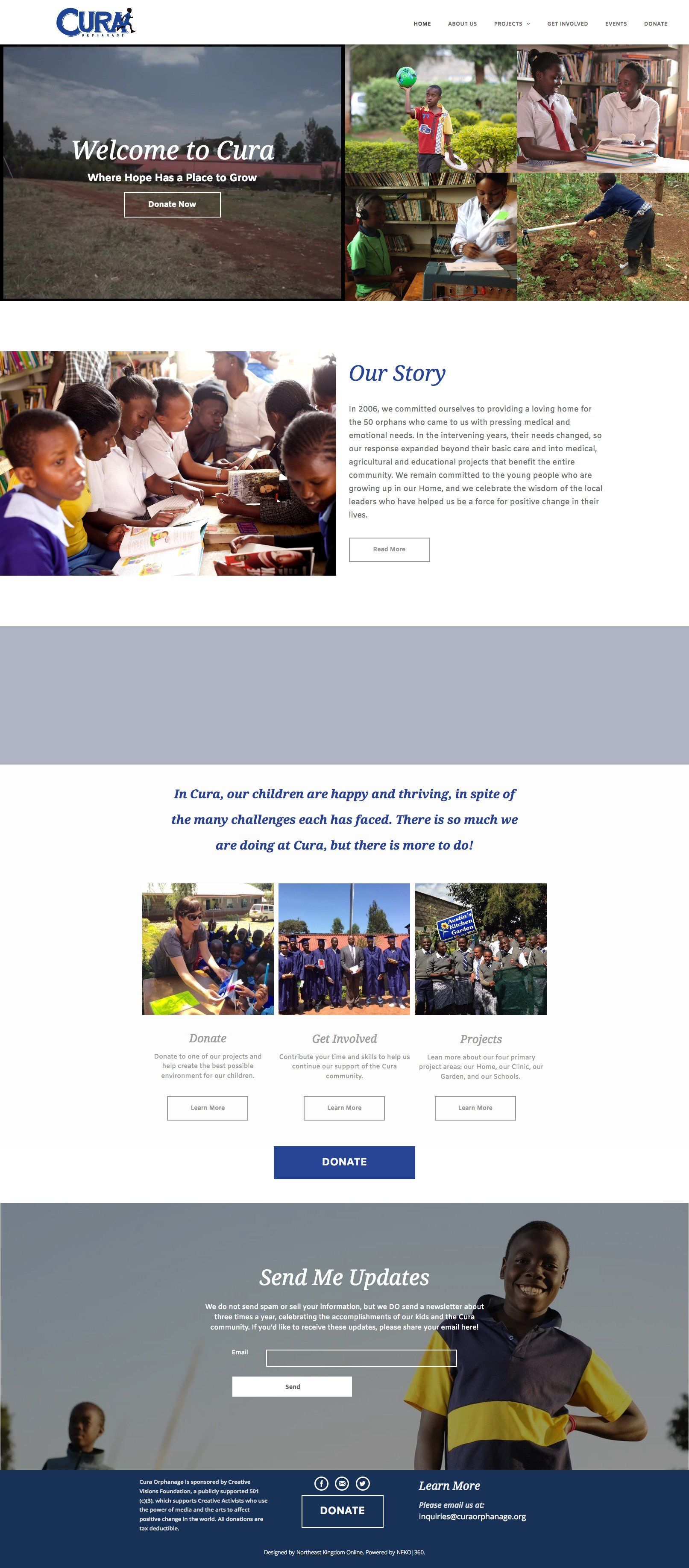 Website homepage featuring children and text, with a blue and white color scheme.