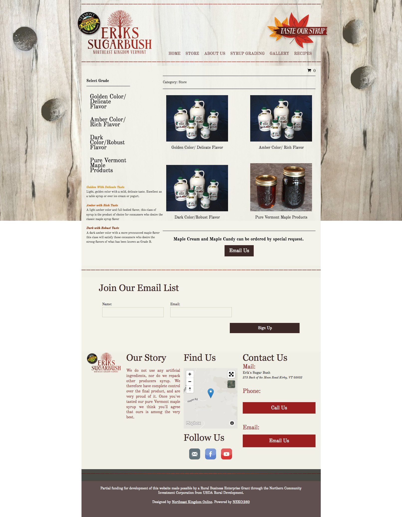 Website homepage featuring product photos, search bar, and contact form.