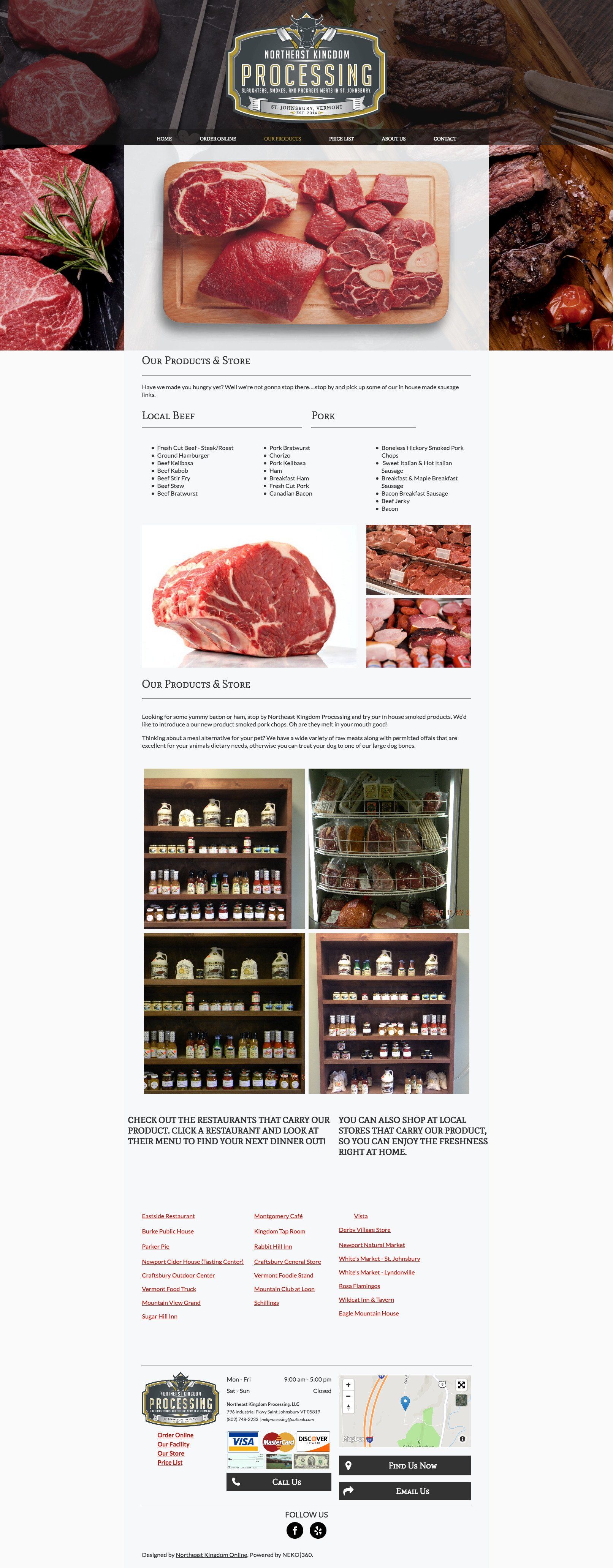 Advertisement with various meat cuts and store shelves.