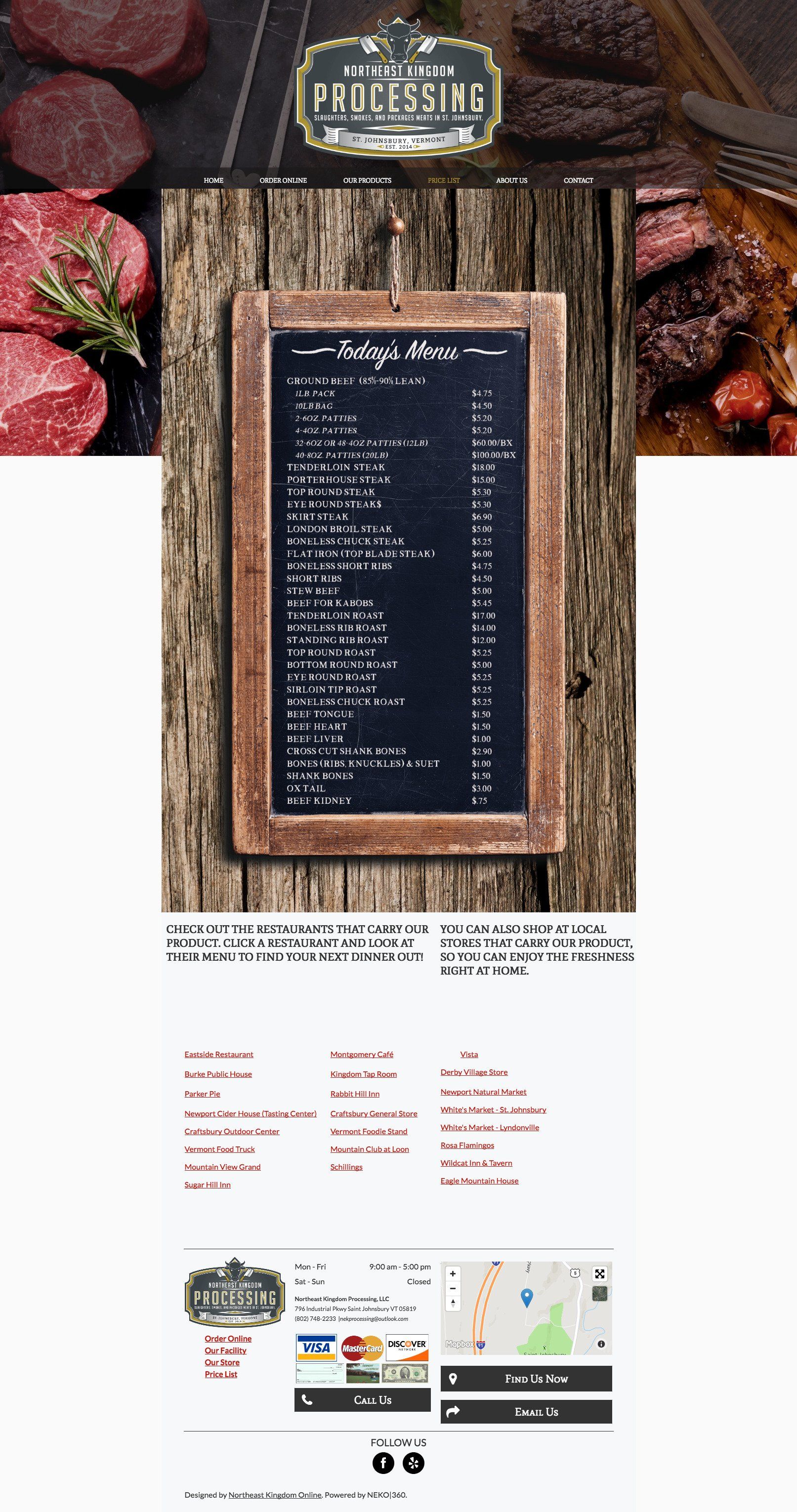 Meat processing company website: chalkboard menu and meat images.