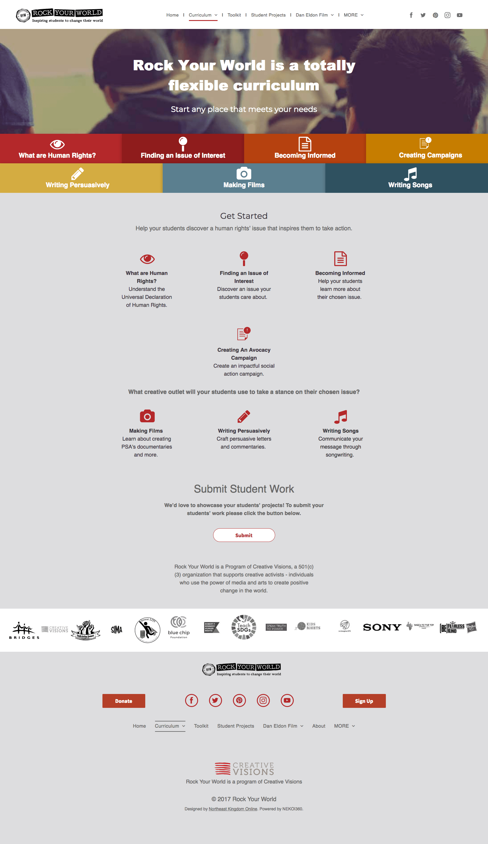 Website promoting education with text, icons, and a background photo of people.