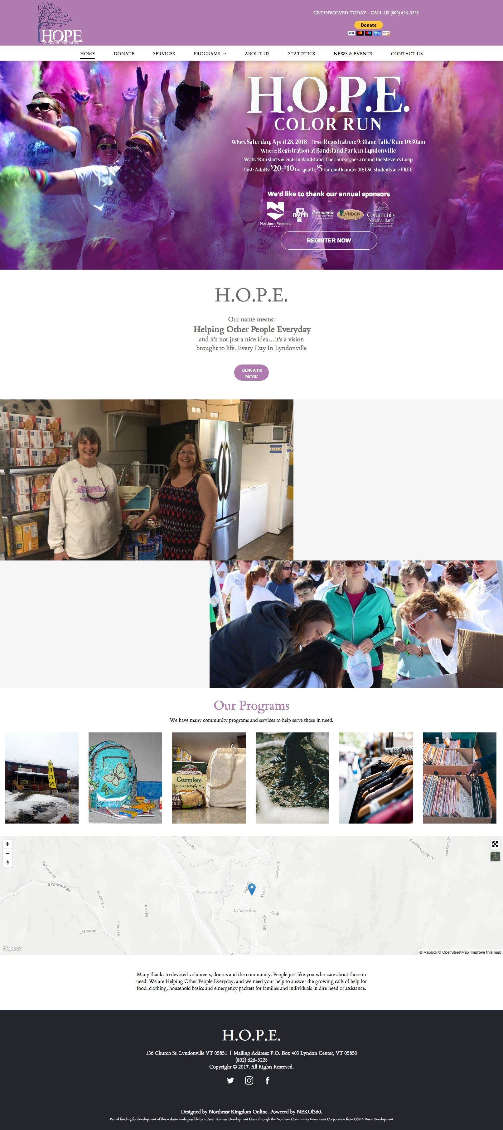Website landing page promoting HOPE, featuring images of people and items.