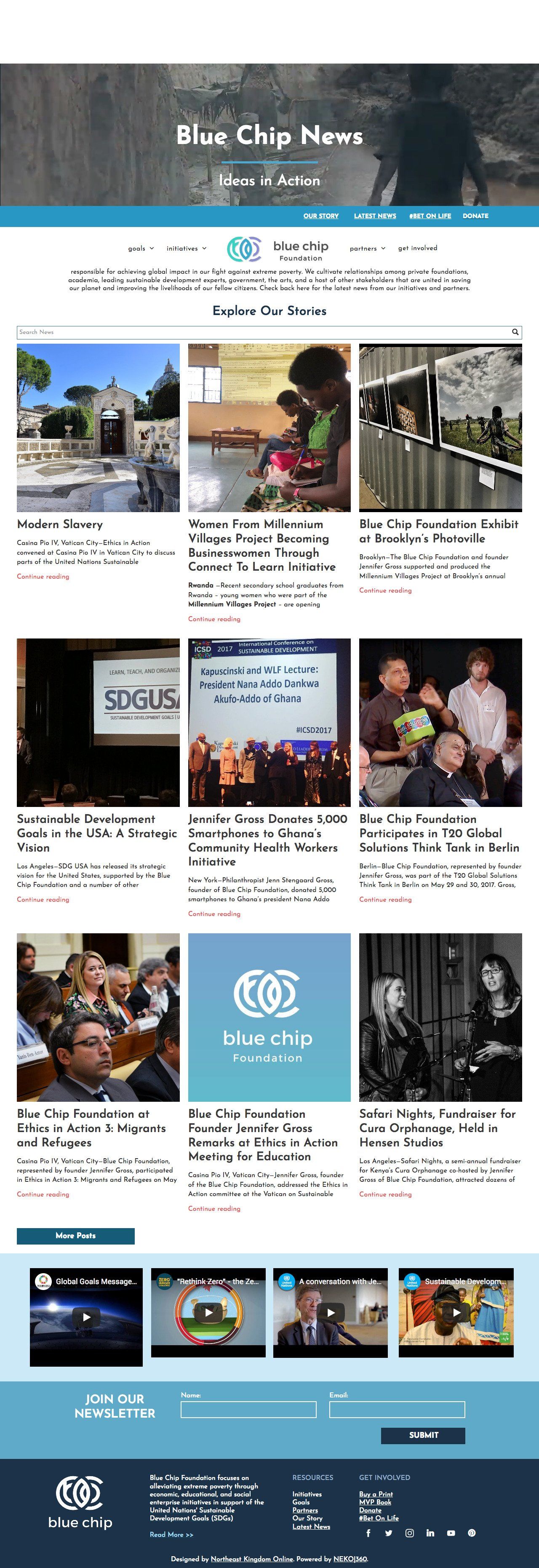 Website page featuring articles with accompanying images and a blue and white design.