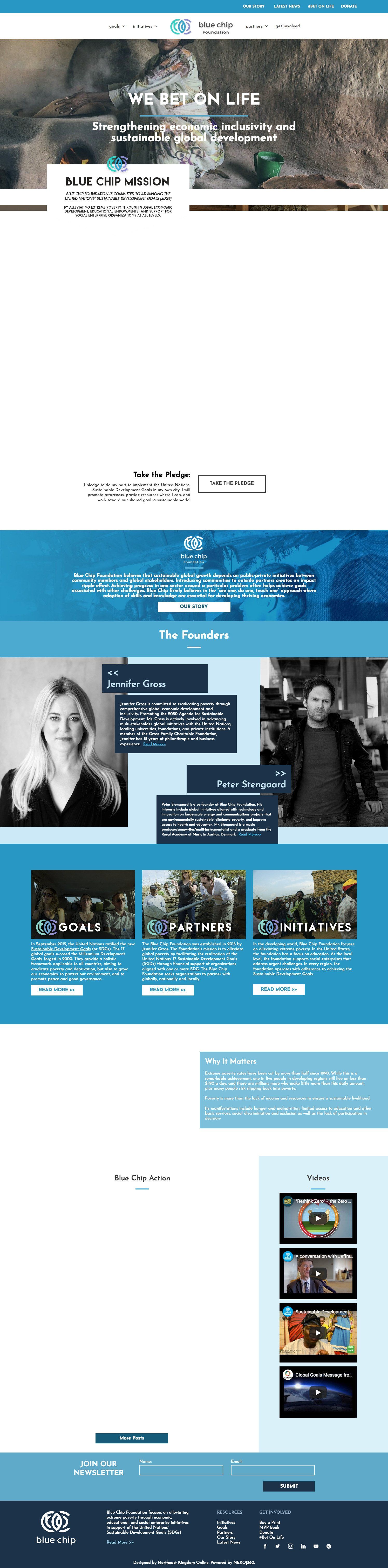 Website homepage: Top banner, blue background with photos, text links, and videos.
