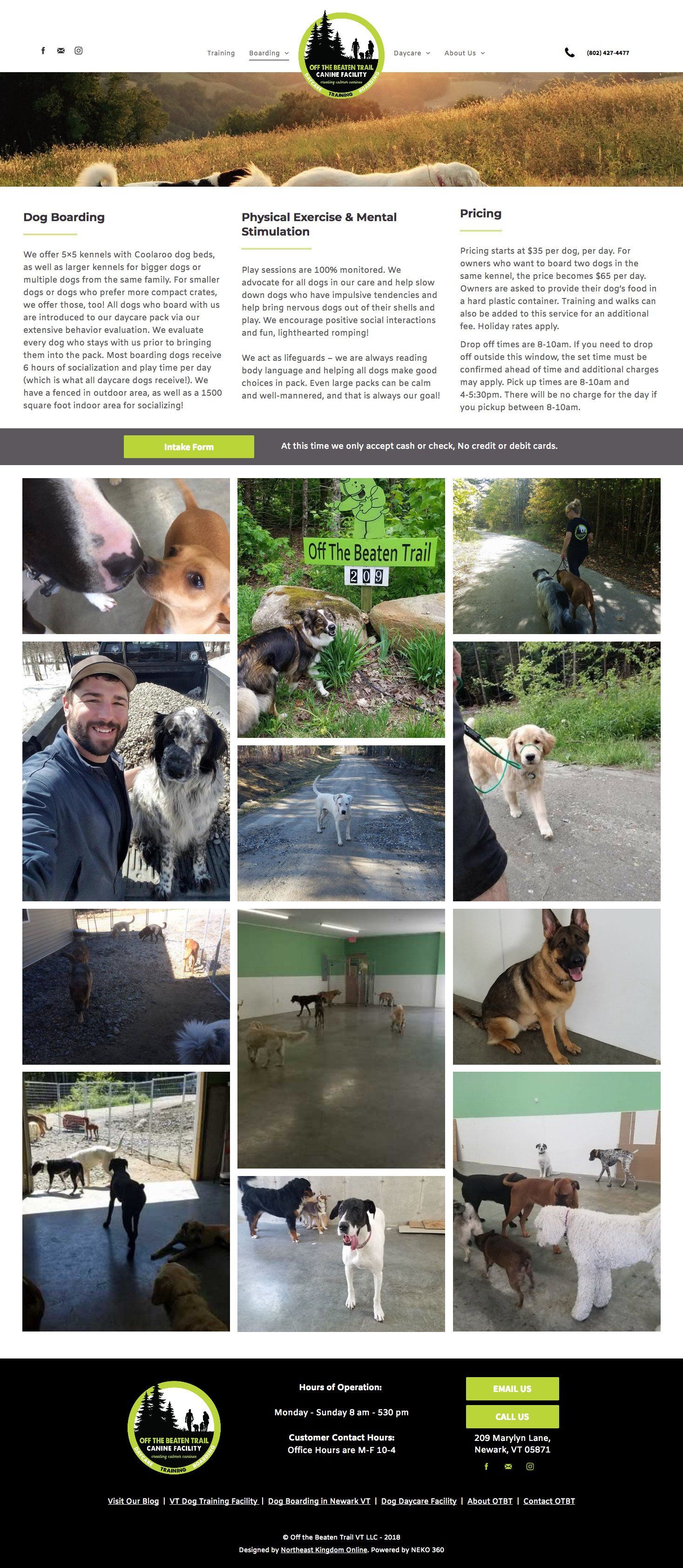 Website promoting dog boarding and daycare; photos of dogs and staff at the facility.