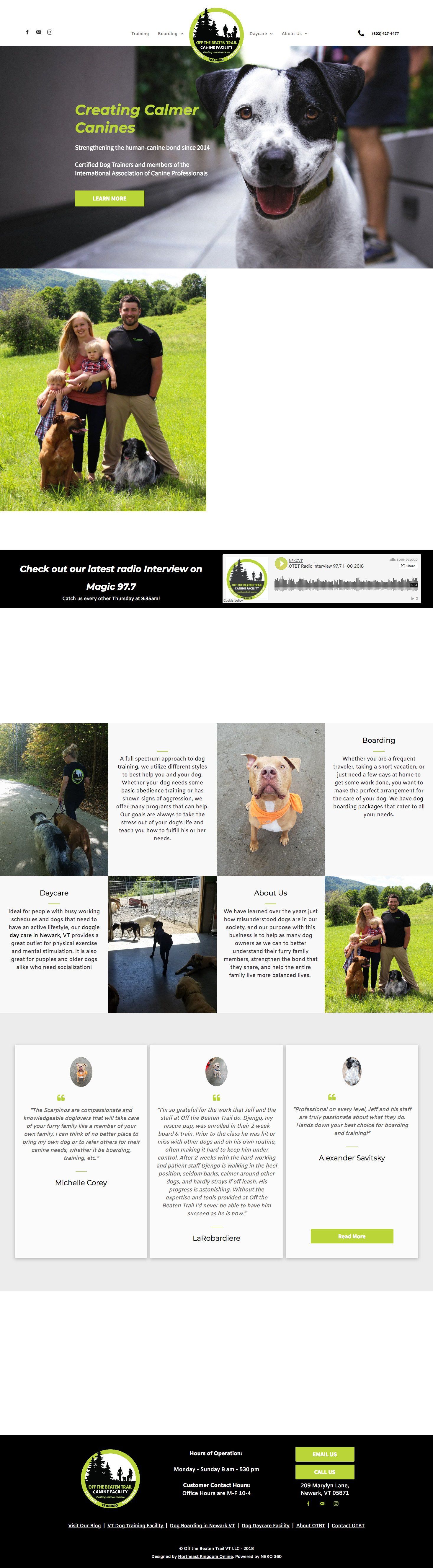 Website promoting dog training services, featuring photos of dogs and owners with green and black branding.