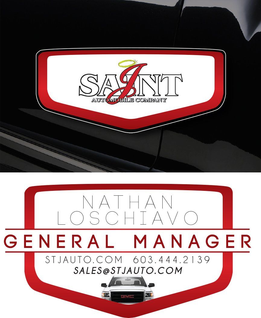 Logos for Saint J Auto, with contact information for the General Manager and a GMC truck.