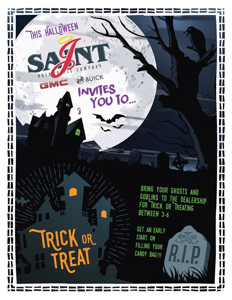 Halloween event flyer with haunted houses, moon, bats, and gravestone. 