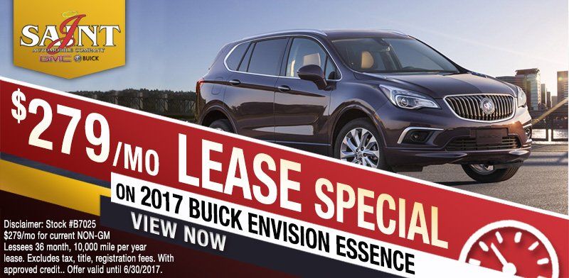 Car lease special: 2017 Buick Envision Essence, $279/mo. Red and white banner with car image, logo, and time clock.